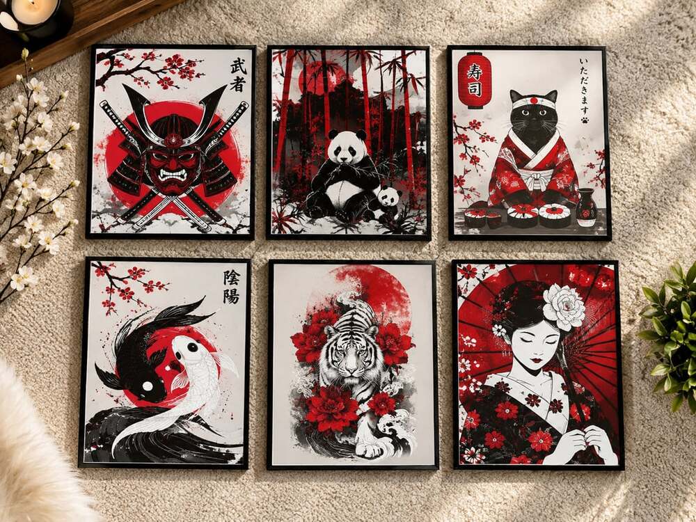 Japanese Art Canvas Wall Art Prints Set of 6 Red Black Decor